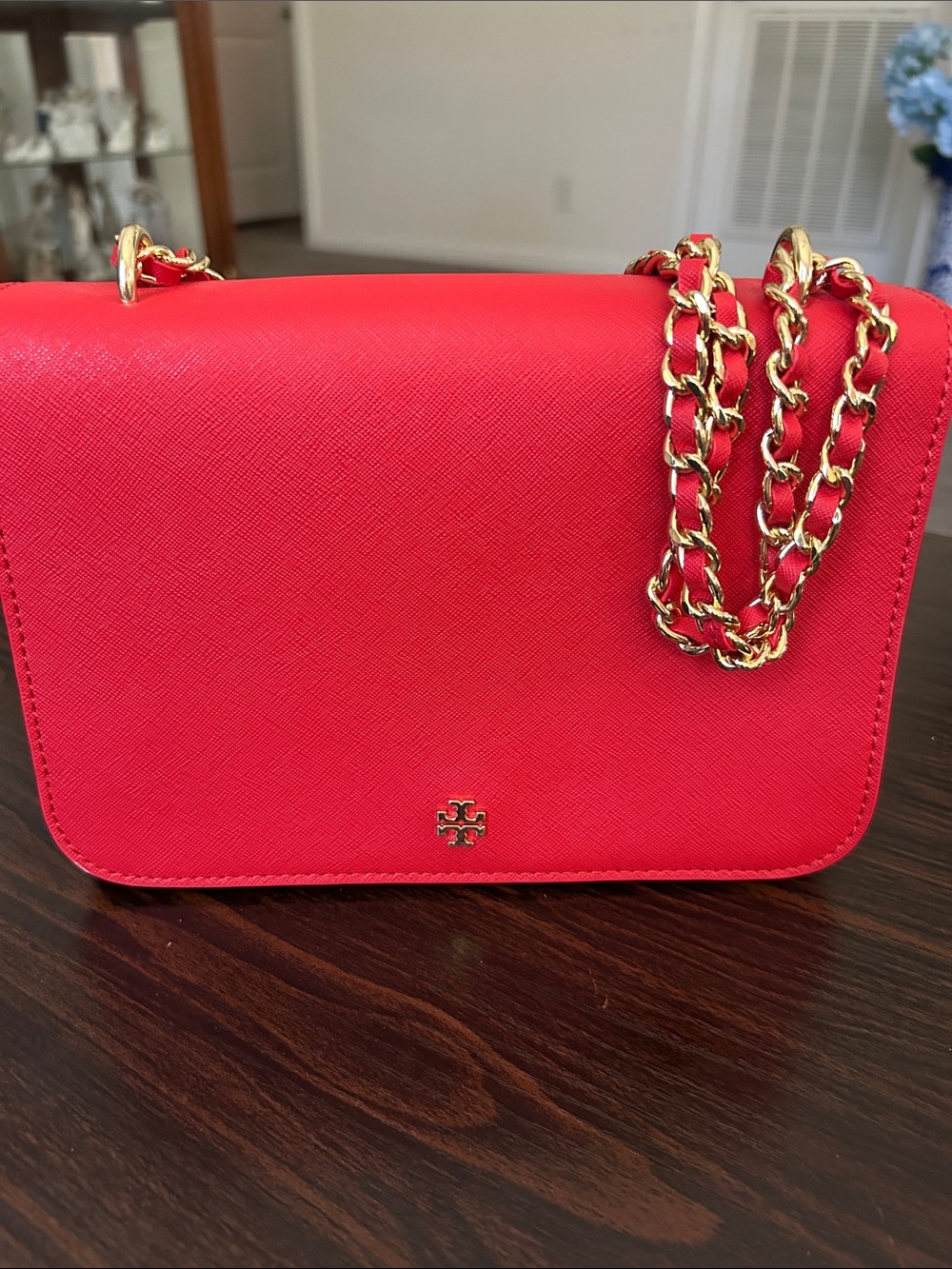Tory Burch Bright Red Leather Chain-Strap Crossbody